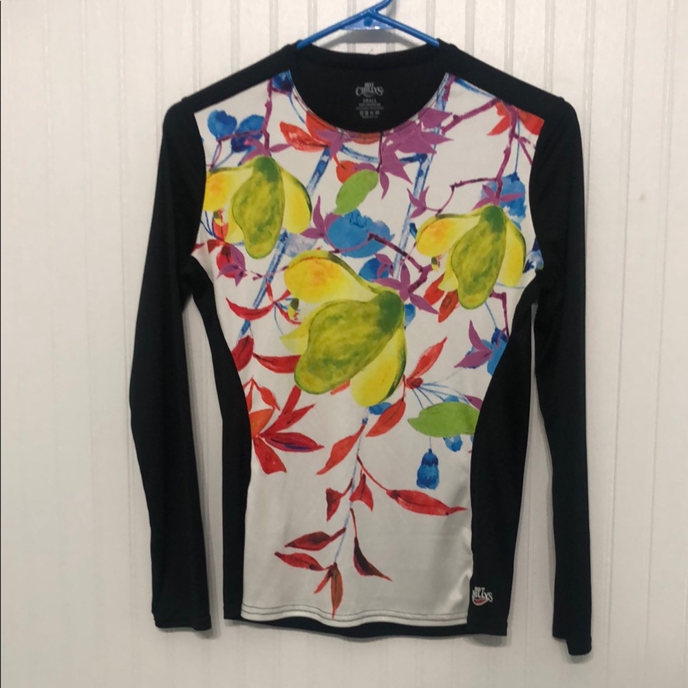 HOT CHILLYS Artsy Floral Long Slv knit Stretchy TOP euc